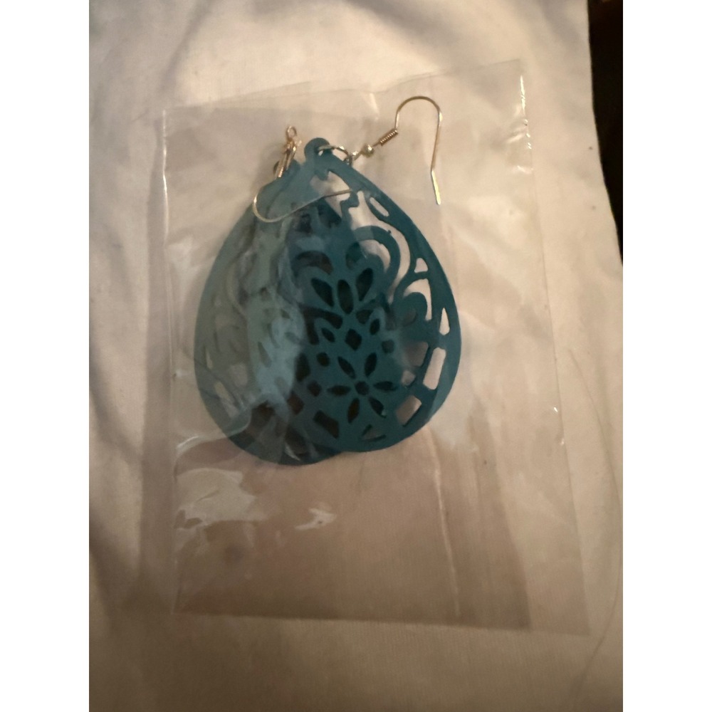 Teal Blue Laser Cut‎ Filigree Teardrop Earrings Boho Floral Statement Jewelry